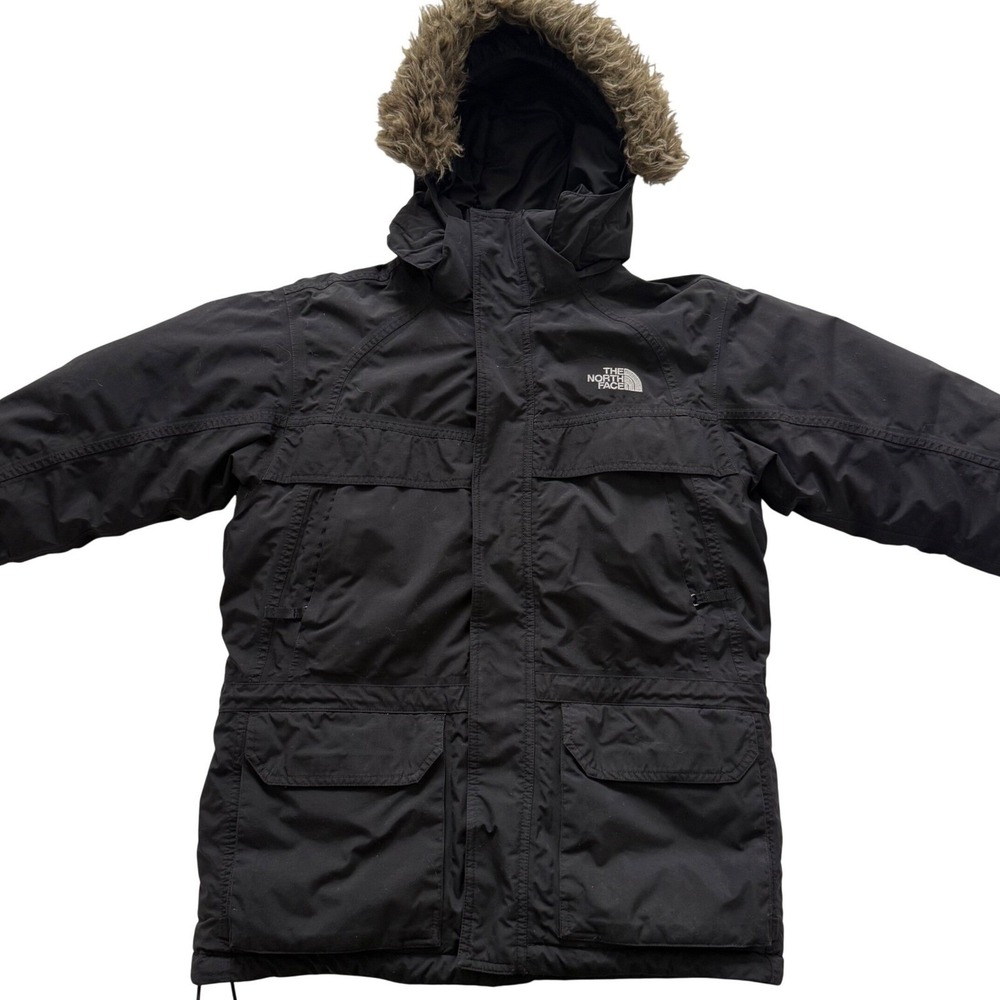 The North Face boys HyVent 550 Down Parka Jacket Black Faux Fur Hood M 10-12